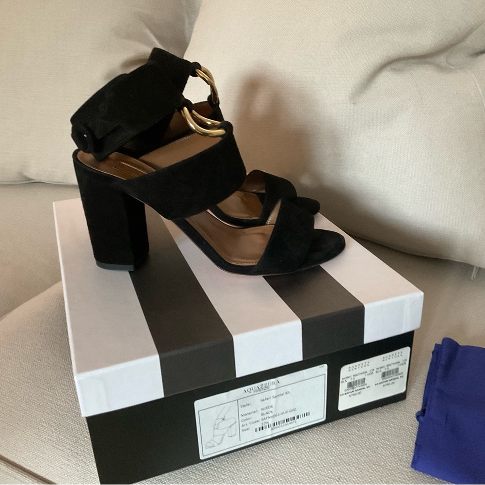 AQUAZZURA SAFARI 85 SANDALS IN BLACK SUEDE SIZE 37.5